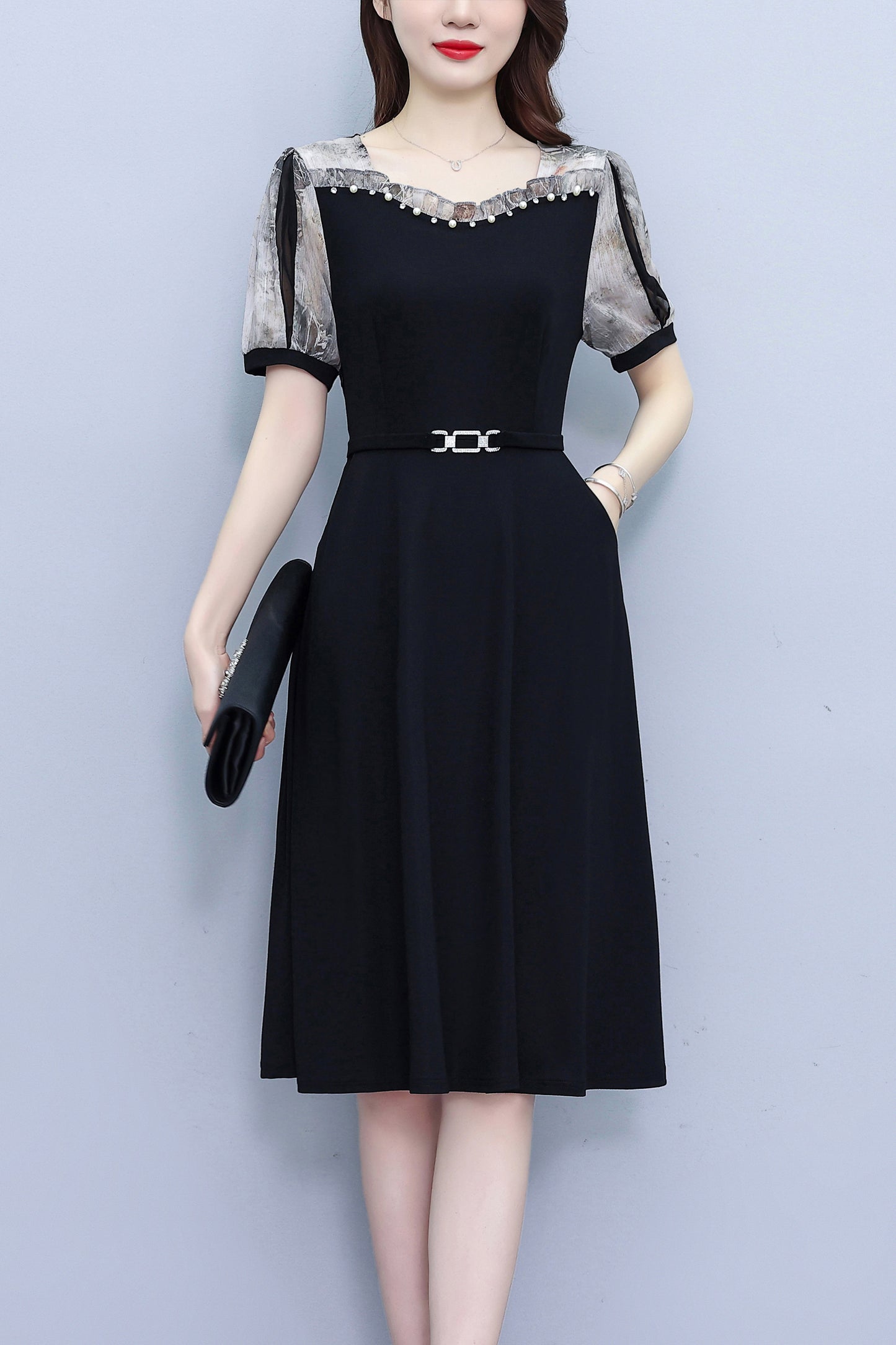 Women's Short Sleeve Pocket A-line Stretch Midi Dress