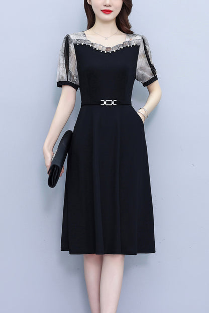 Women's Short Sleeve Pocket A-line Stretch Midi Dress