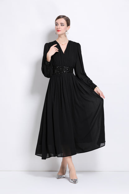 Women's Sequin V-Neck Chiffon Mixi Dresses