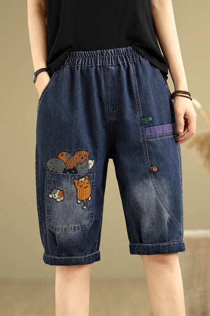 Women Denim Jeans Elastic Waist Harem Short Pants