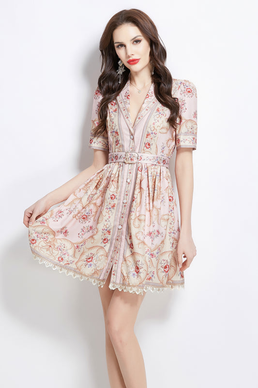 Women's V Neck Floral Print Mini Dress