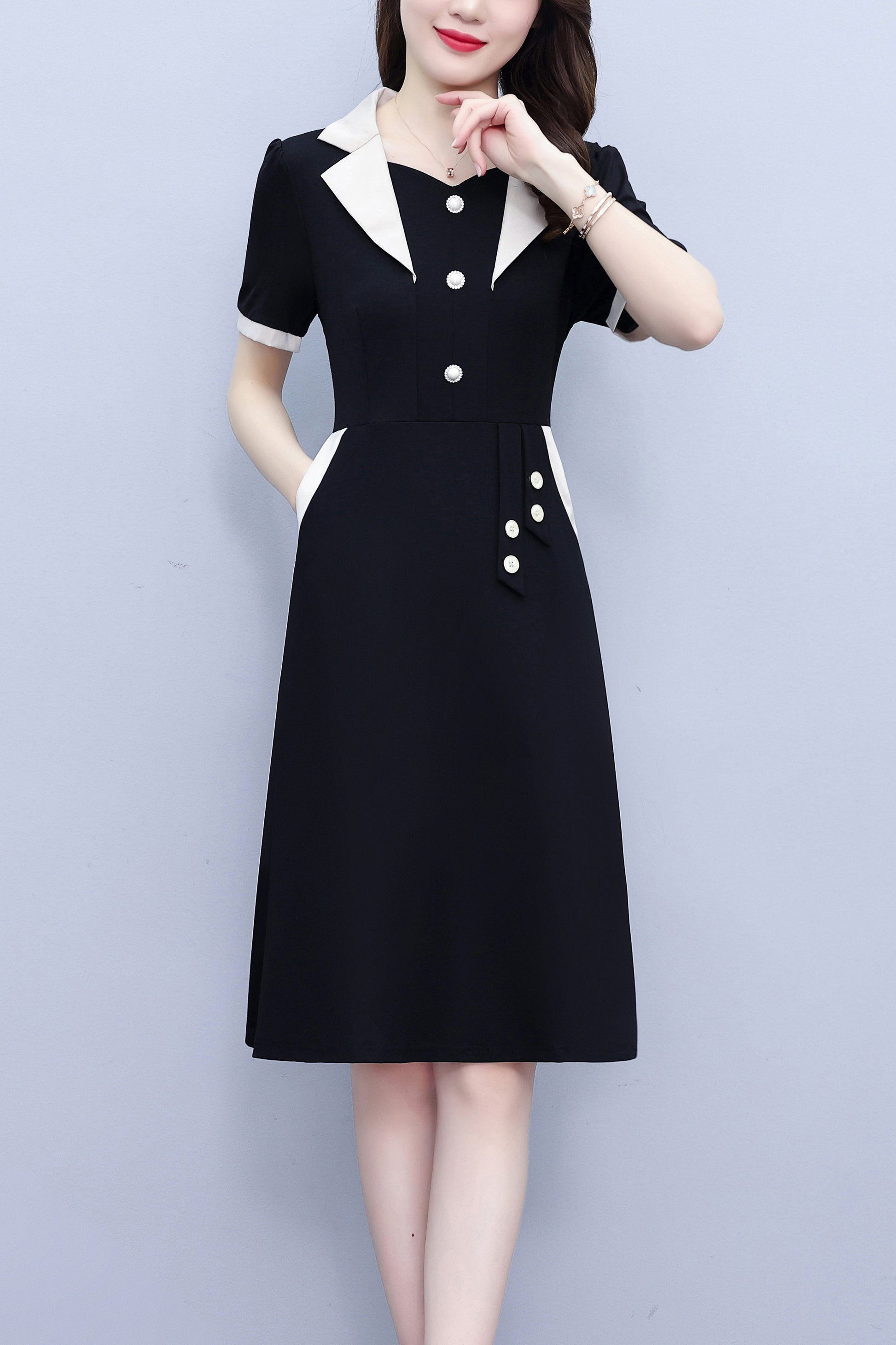 Women's Short Sleeve Pocket Work Office Suit Dress - LAI MENG FIVE CATS