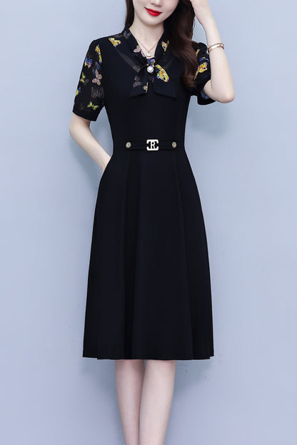 Women's Tie V-Neck Short Sleeve Pocket Midi Dress