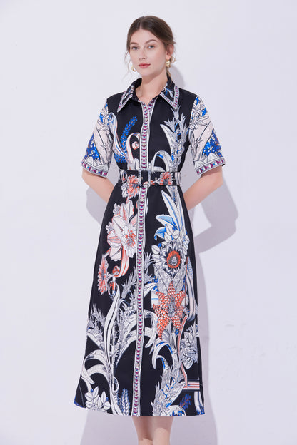 FSY-Women's Short Sleeve Collar Button Floral Midi Dress