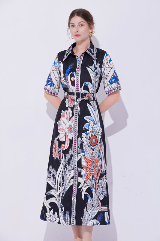 FSY-Women's Short Sleeve Collar Button Floral Midi Dress