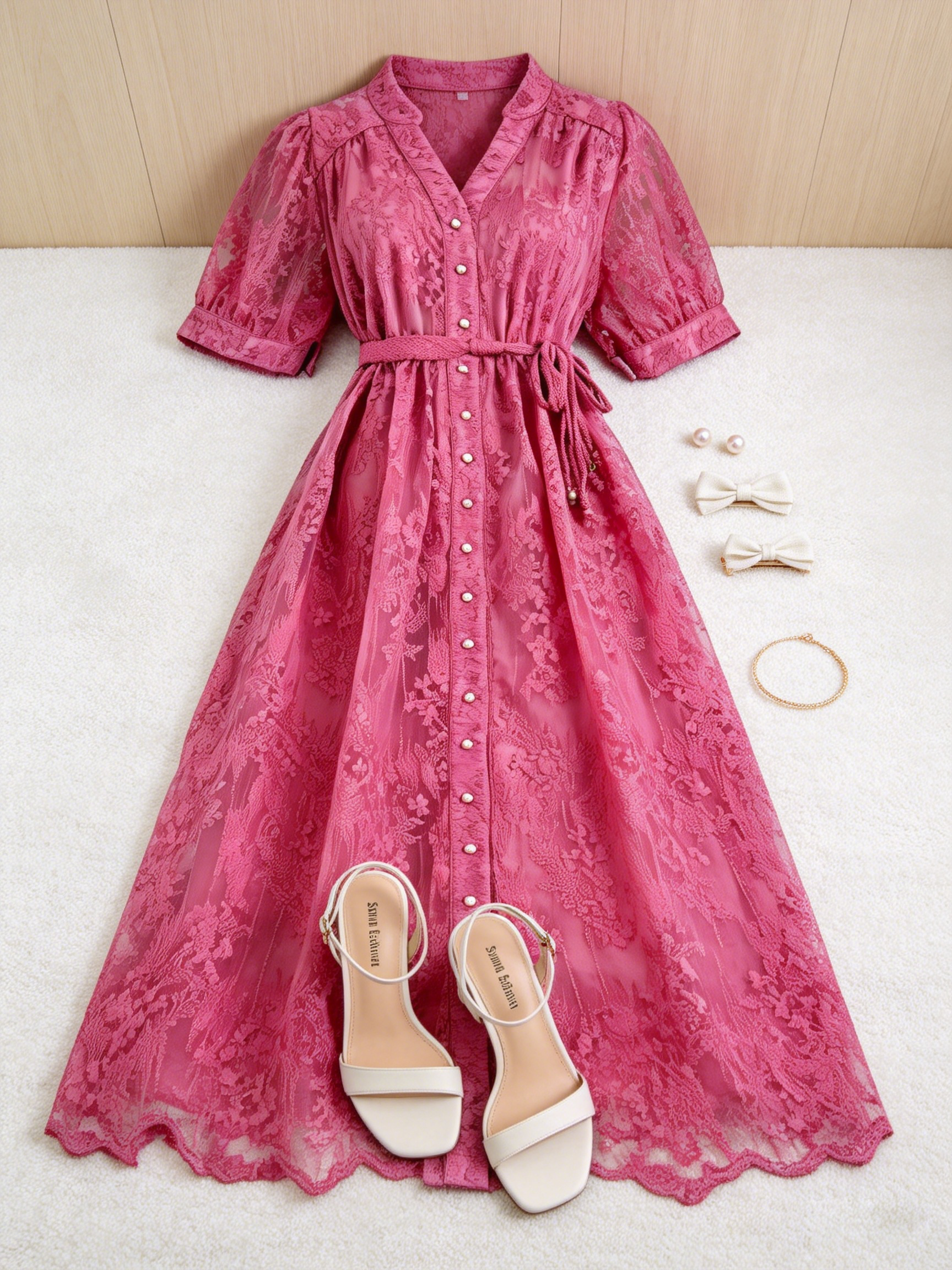 Hot Pink Embroidered Mesh Puff Sleeve Midi Dress - LAI MENG FIVE CATS