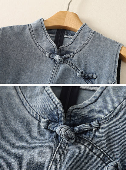 Mandarin Collar Denim Peplum Top
