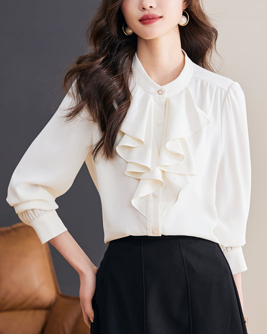 Title: Elegant Ruffle Front Blouse | Feminine Stand Collar Shirt
