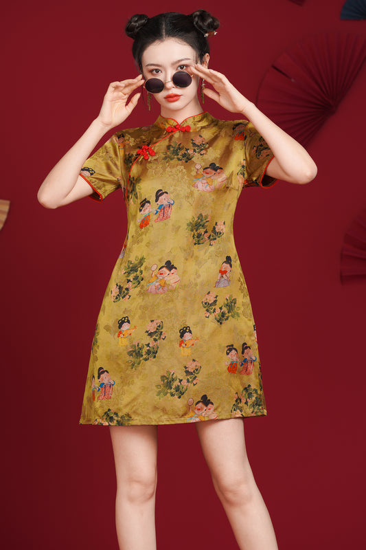 Women's Cheongsam Print Short Sleeve Mini Dress