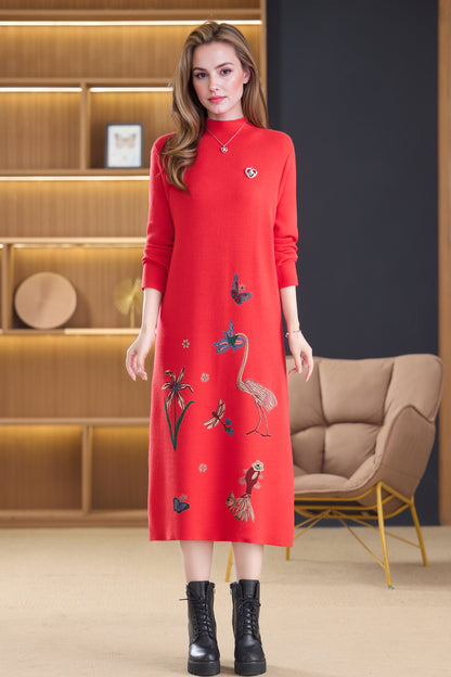 Women's Turtleneck Sweater Long Sleeve Red Dress