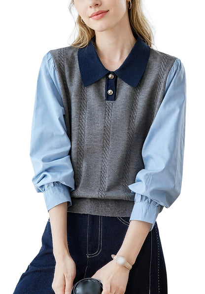 Color Block Cable Knit Polo Top – Faux Two-Piece Sweater Shirt