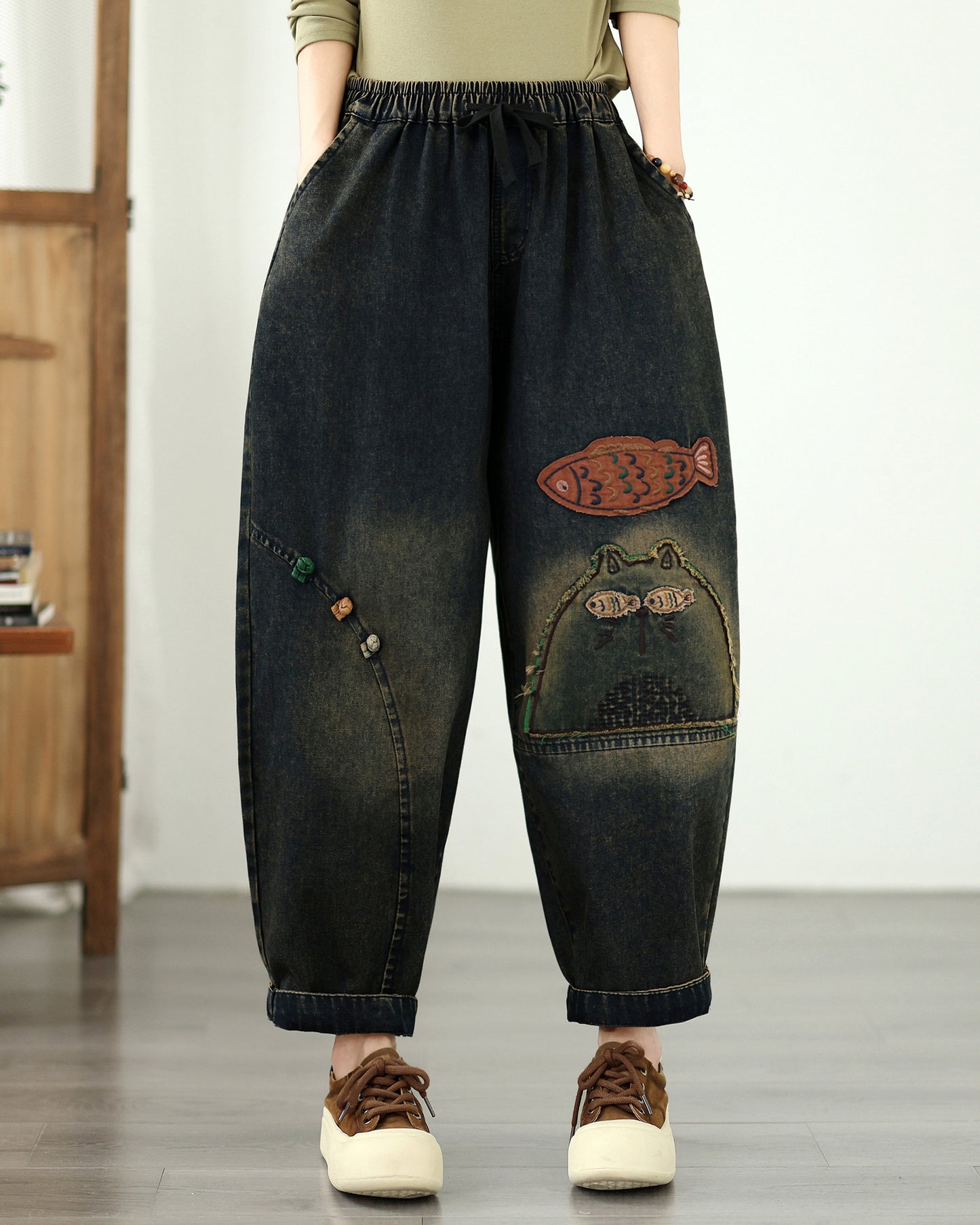 Vintage Denim Harem Pants with Fish Embroidery
