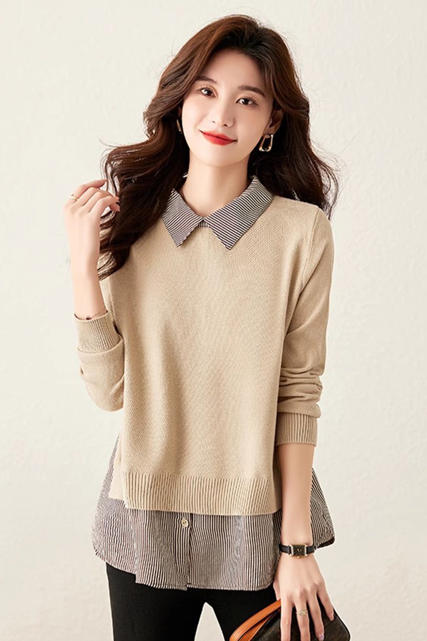 Women's Patchwork Shirt Collar Cotton  Knit Pullover Tops