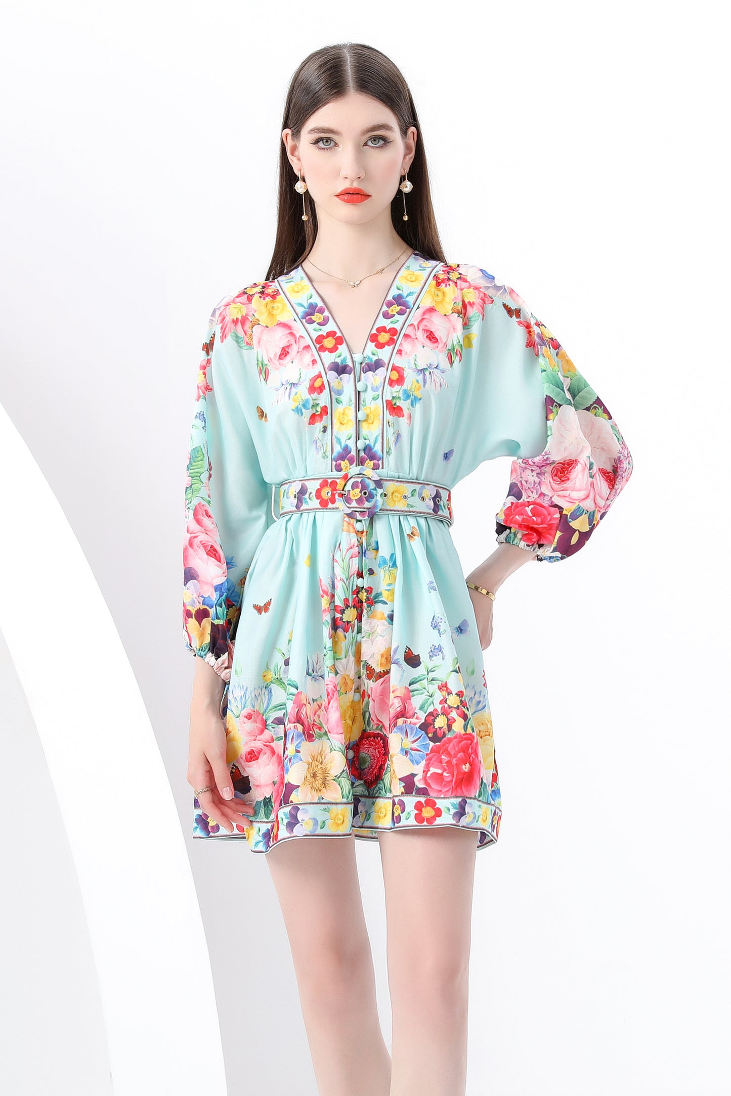 Women's V-Neck Floral Print Lantern Sleeve Mini Dress