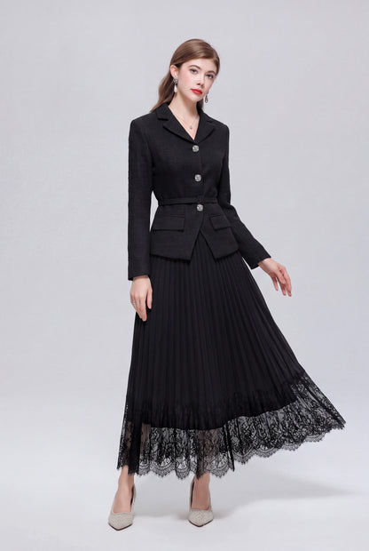 Elegant Two-Piece Pleated Skirt Suit Set for Women | Pink, Black & Beige