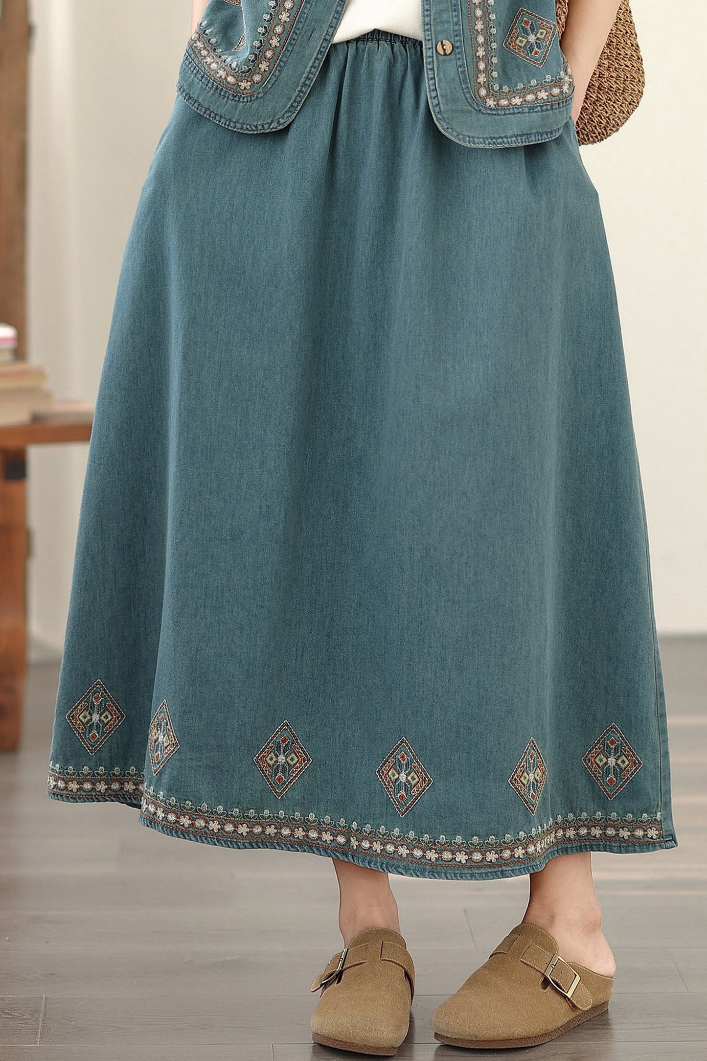 Women's Embroidered Elastic Waist Denim Jean Maxi Skirt Pocket - LAI MENG FIVE CATS