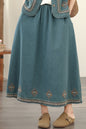 Women's Embroidered Elastic Waist Denim Jean Maxi Skirt Pocket - LAI MENG FIVE CATS