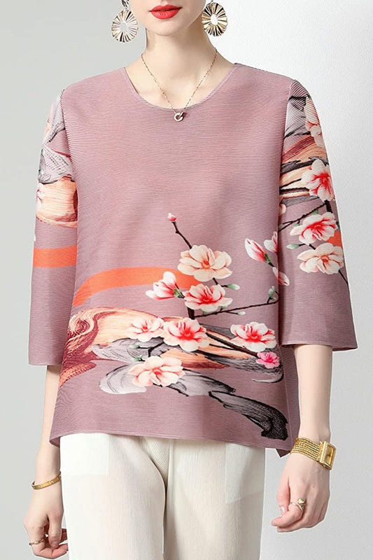 Print Half Sleeve Loose Pullover Blouse