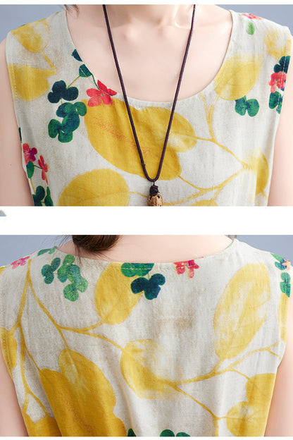 Yellow Floral Print Loose Cami Dress with Pocket