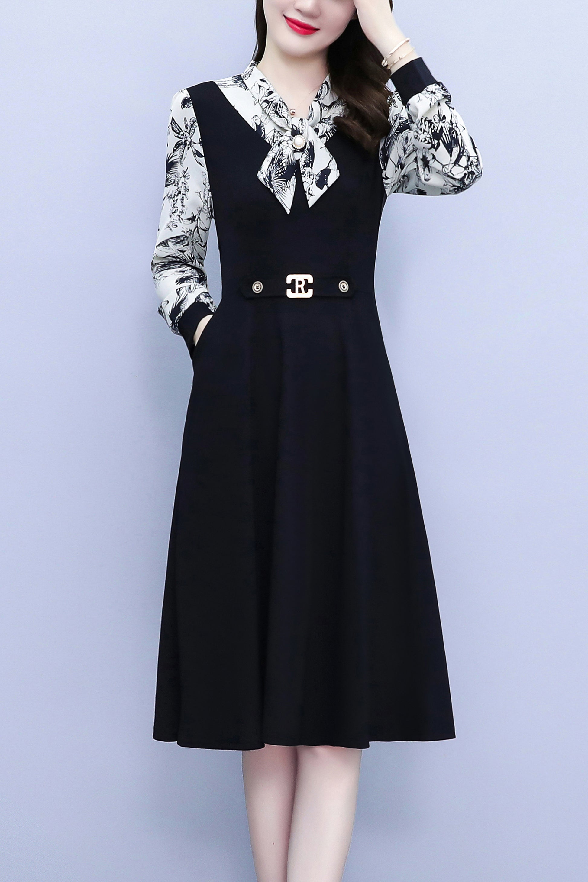 Women's Elegant Tie Neck Long Sleeve Black Dress - LAI MENG FIVE CATS