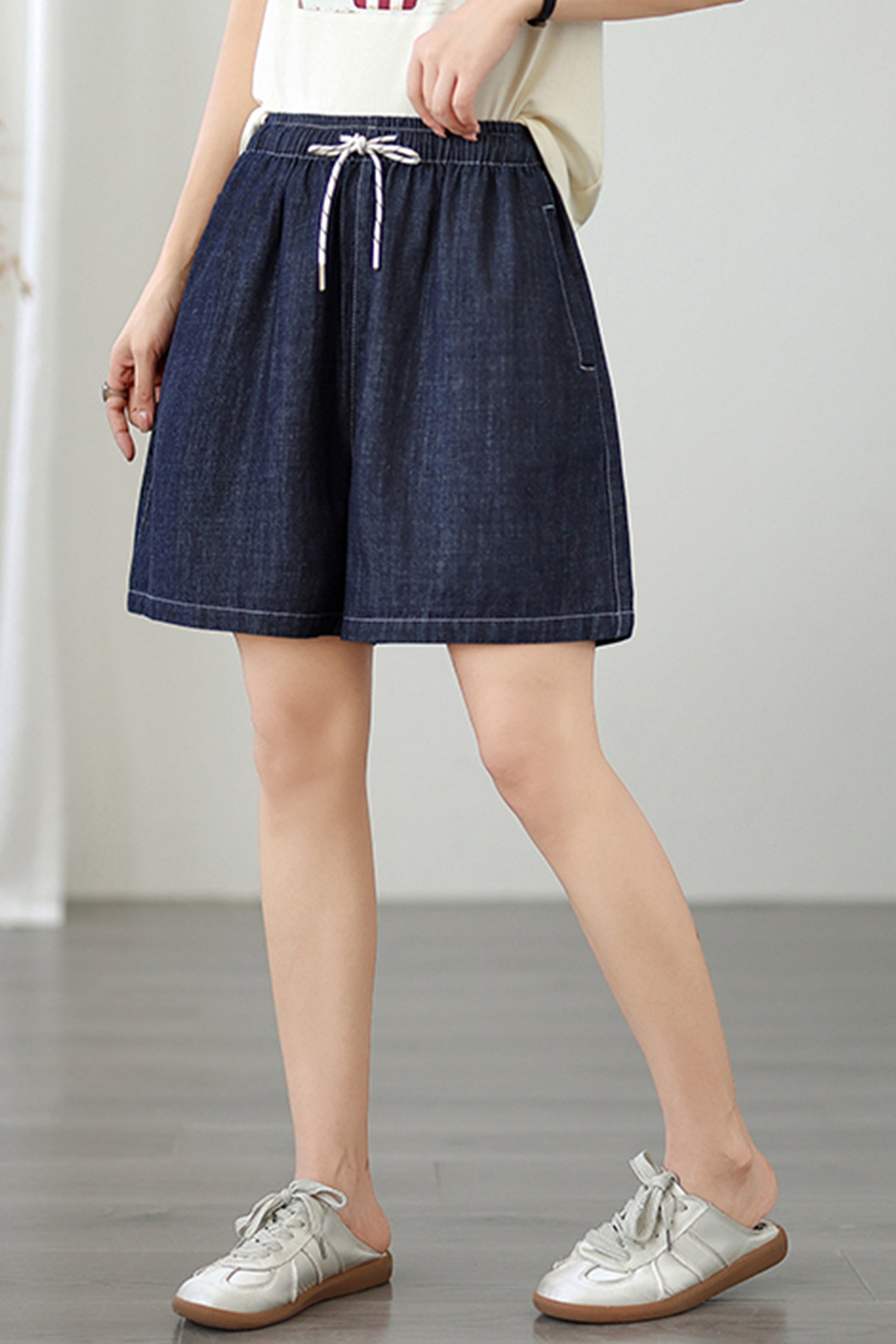 Women's Baggy Pull On Jeans Ripped Denim Shorts - LAI MENG FIVE CATS