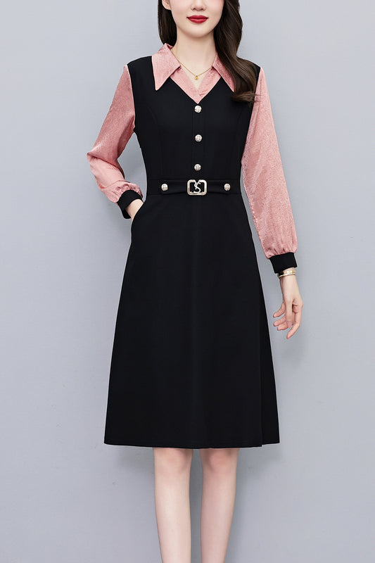 Women's Lapel V-Neck Pocket Long Sleeve Black Dress