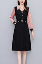 Women's Lapel V-Neck Pocket Long Sleeve Black Dress