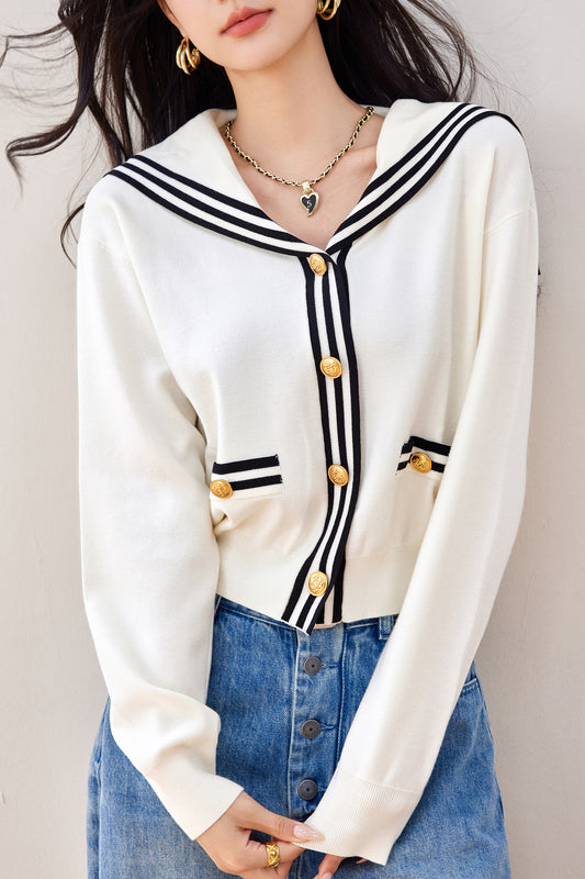 Women's Sailor Collar V-Neck Stripe Button Knit Top