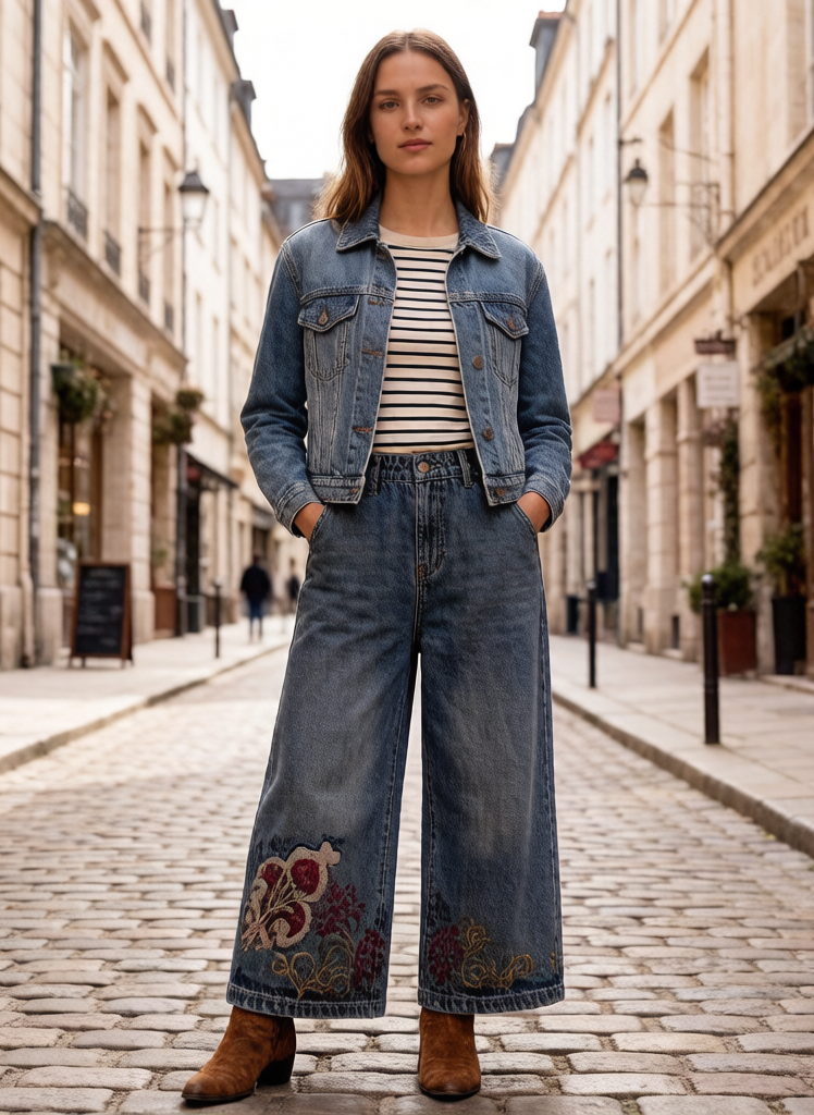 26-Women's Baggy Jeans Embroidery Elastic Waist Denim - LAI MENG FIVE CATS