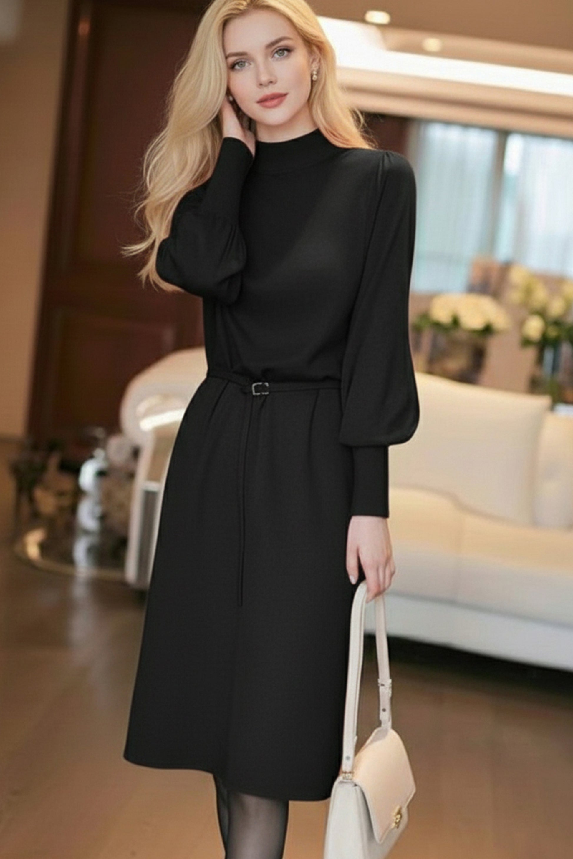 Women's Turtleneck Knit Sweater Midi Dress - LAI MENG FIVE CATS