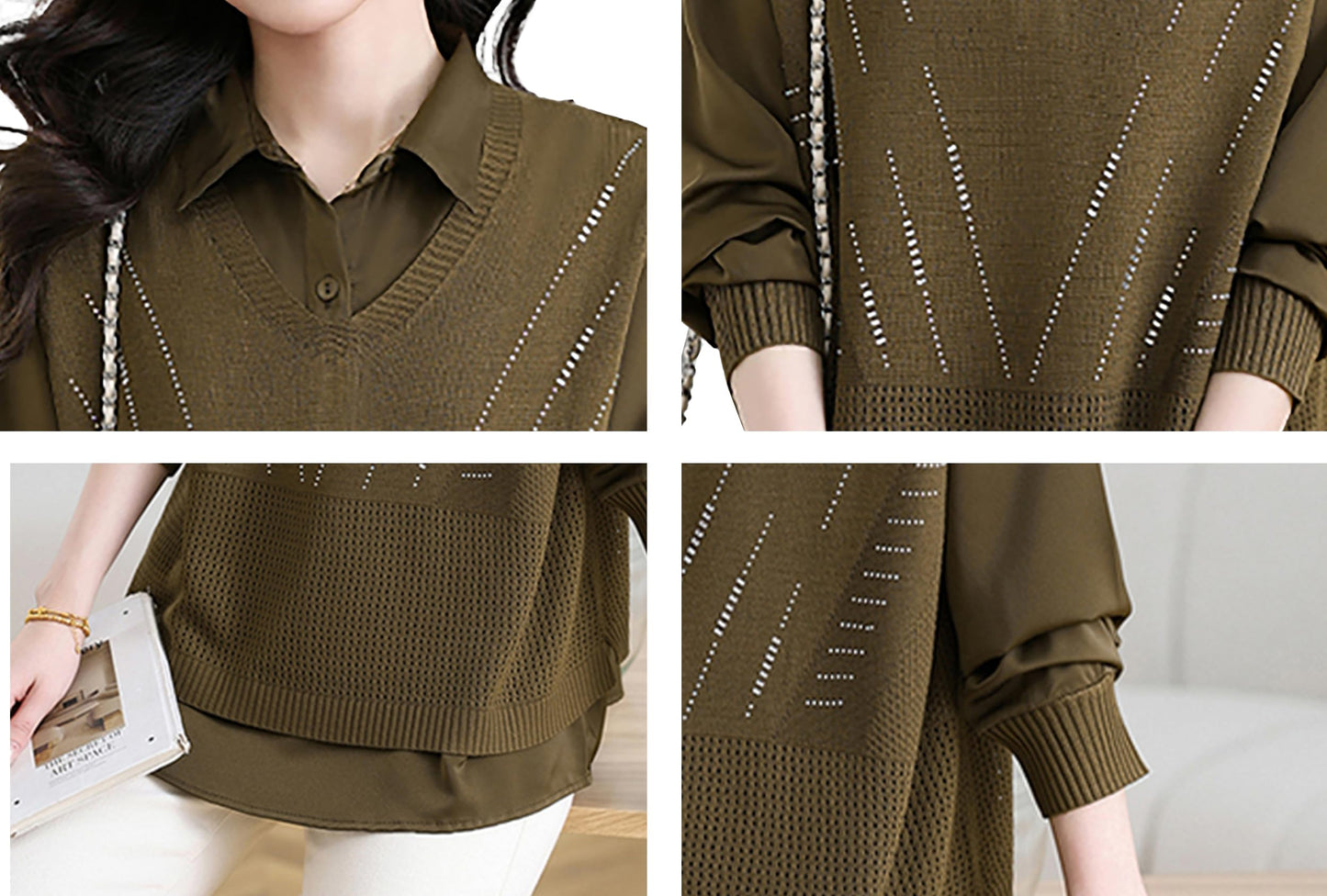 Women's 2-in-1 Layered Knit Vest Top — Shirt Collar with Dotted Trim