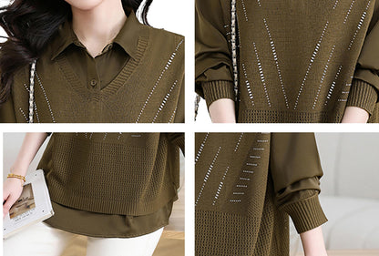 Women's 2-in-1 Layered Knit Vest Top — Shirt Collar with Dotted Trim