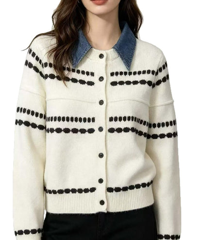 Denim Collar Striped Knit Cardigan Long Sleeve Casual Sweater