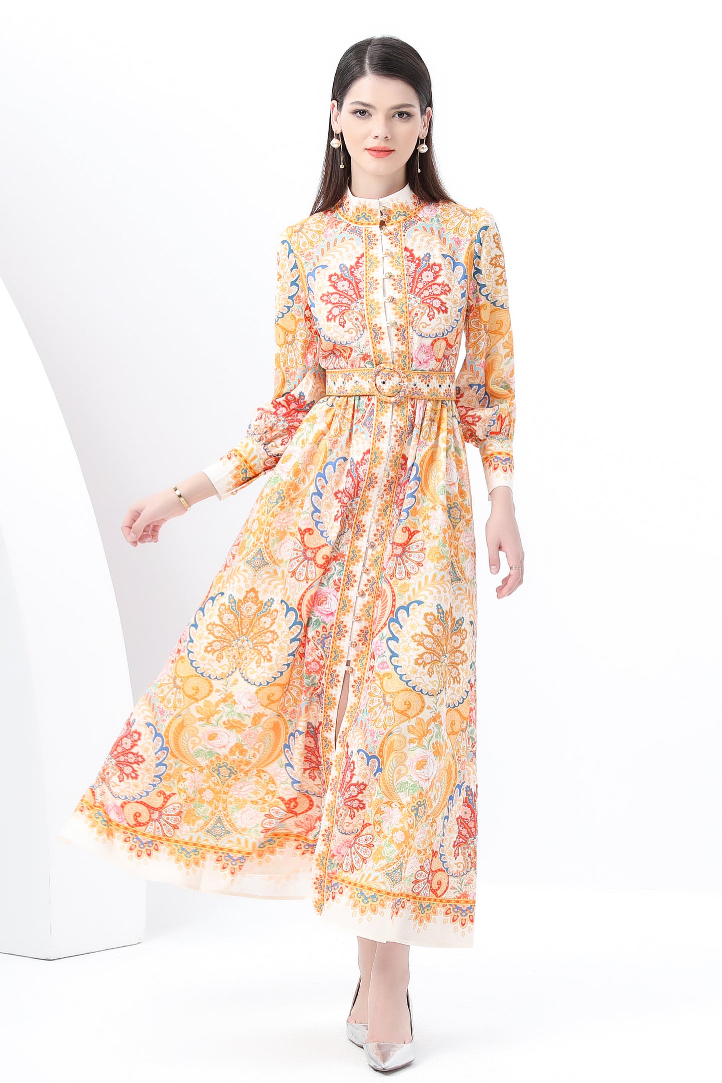 Women'S Floral Print Button Up Split Maxi Dress