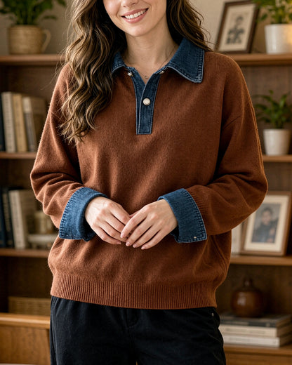Denim Collar Color-Block Knit Sweater – Faux Two-Piece Long Sleeve Top - LAI MENG FIVE CATS