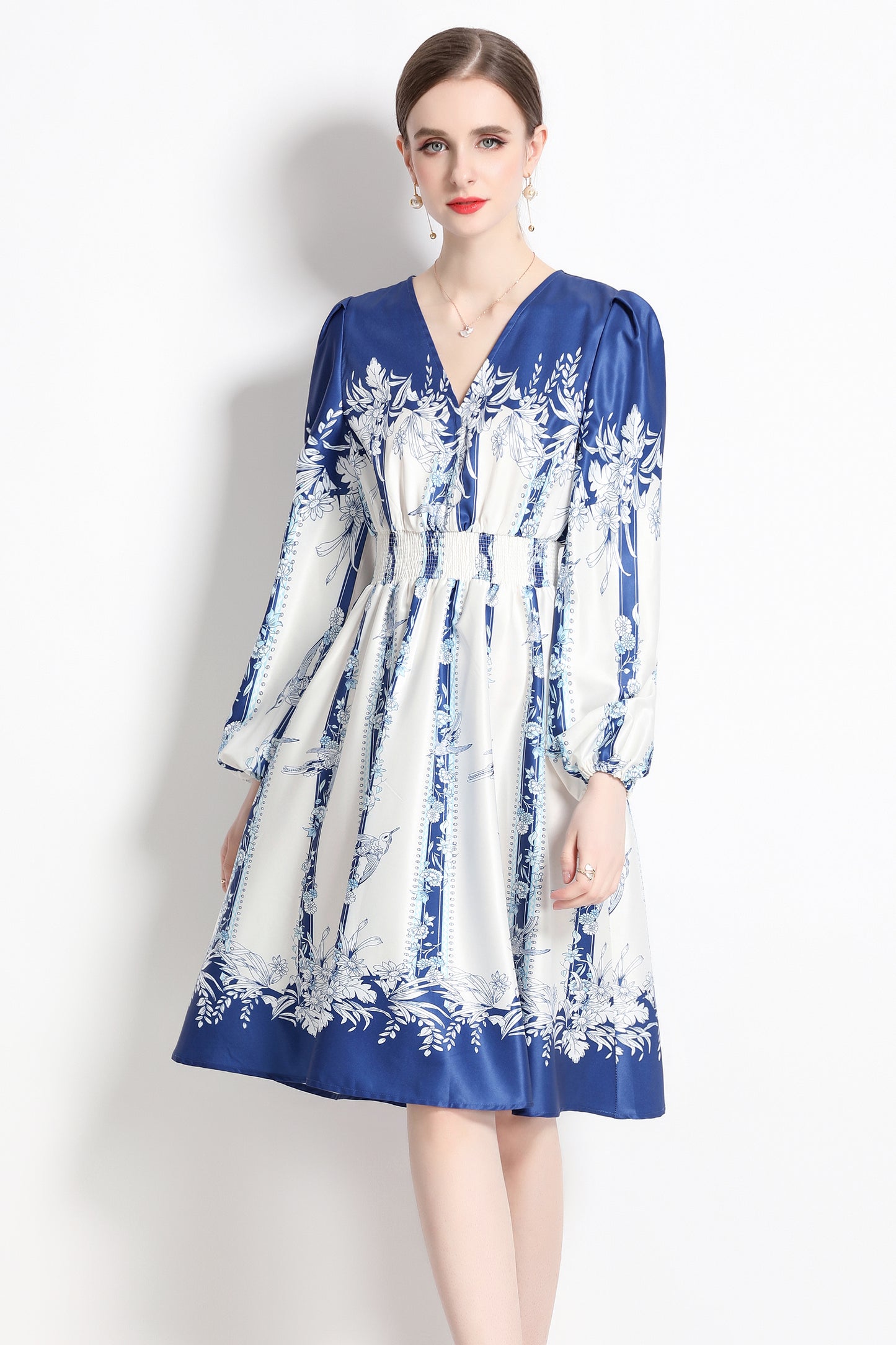 SSY-Women's Floral Print V-Neck Long Sleve Mini Dress