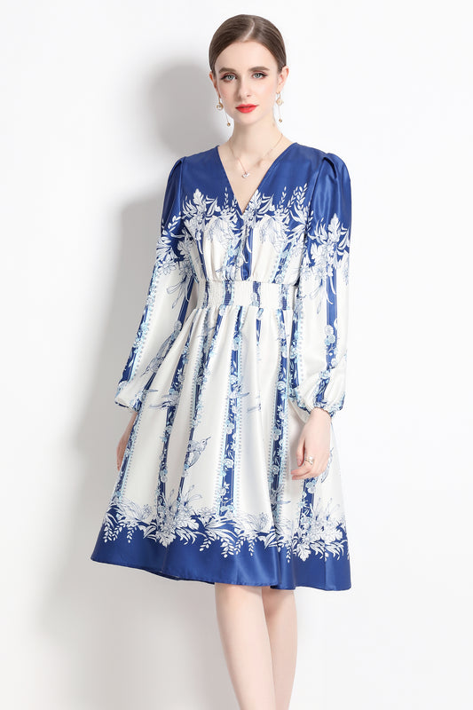 SSY-Women's Floral Print V-Neck Long Sleve Mini Dress