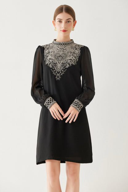 FSY-Women's Embroidered Floral Chiffon Round Neck Mini Dress