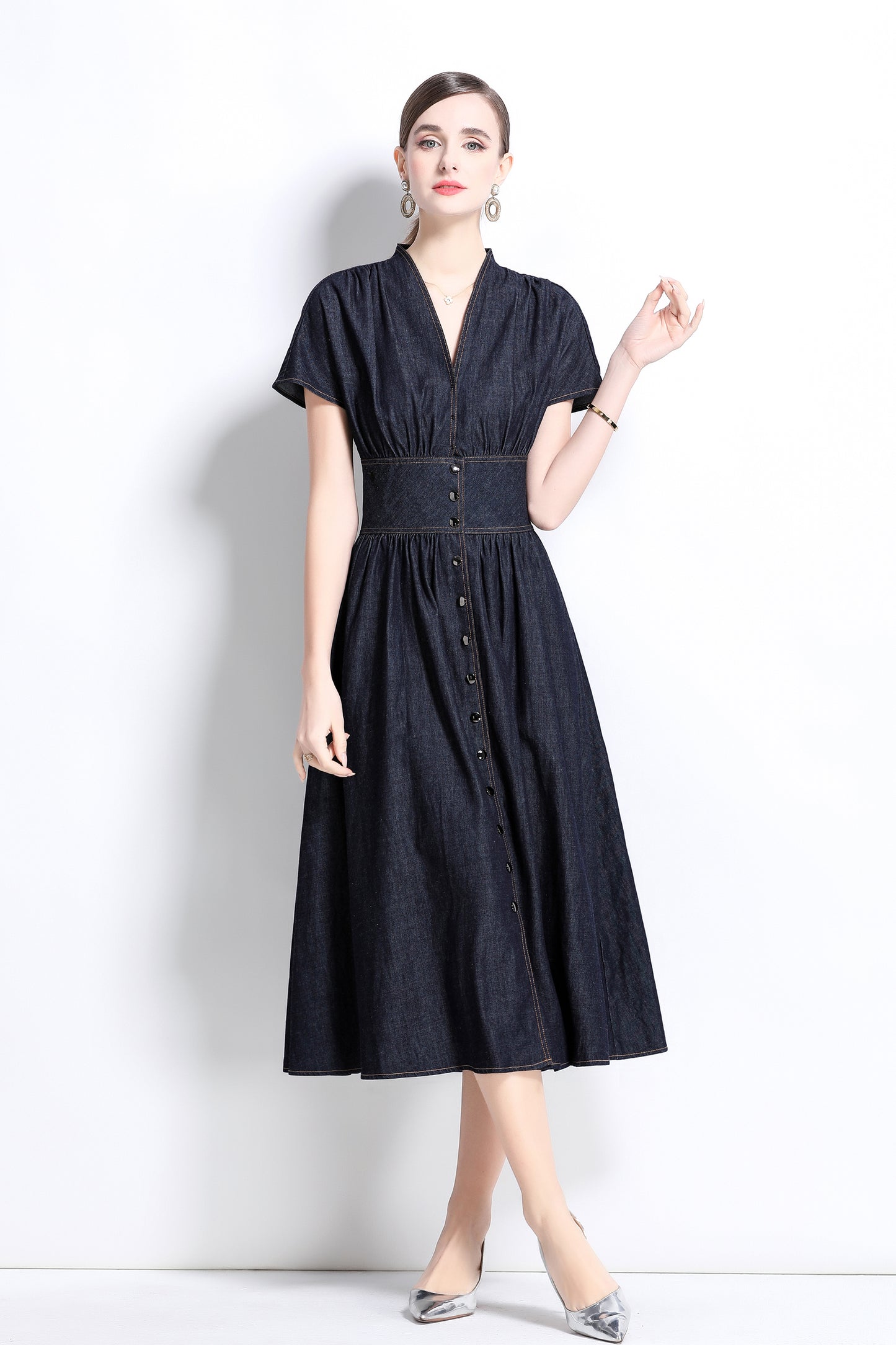 Women's Retro Denim V-neck MidI Dress