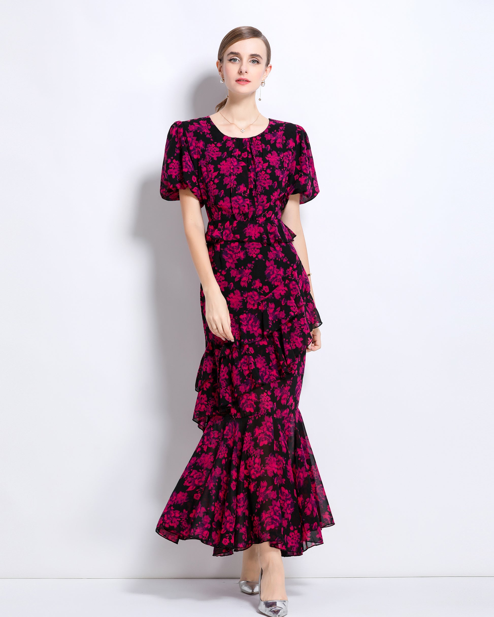 LAI MENG FIVE CATS Floral Chiffon Ruffle Maxi Dress - LAI MENG FIVE CATS