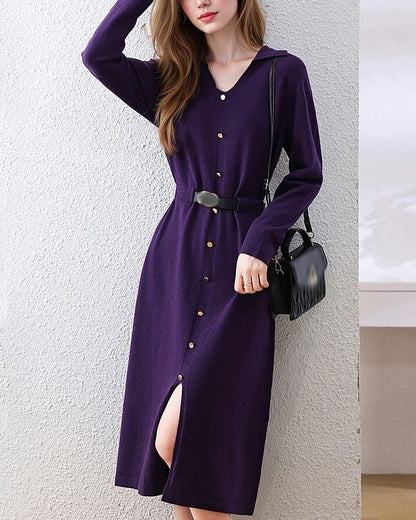Elegant Lapel V-Neck Knit Midi Dress: Button Decoration & Belted Waist