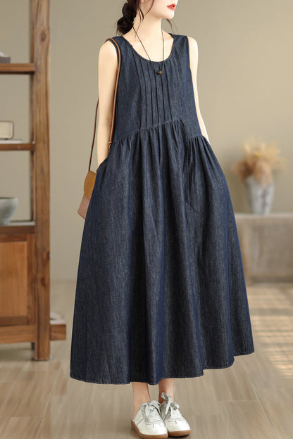Casual Sleeveless Denim Loose Vest Midi Dress with Pockets