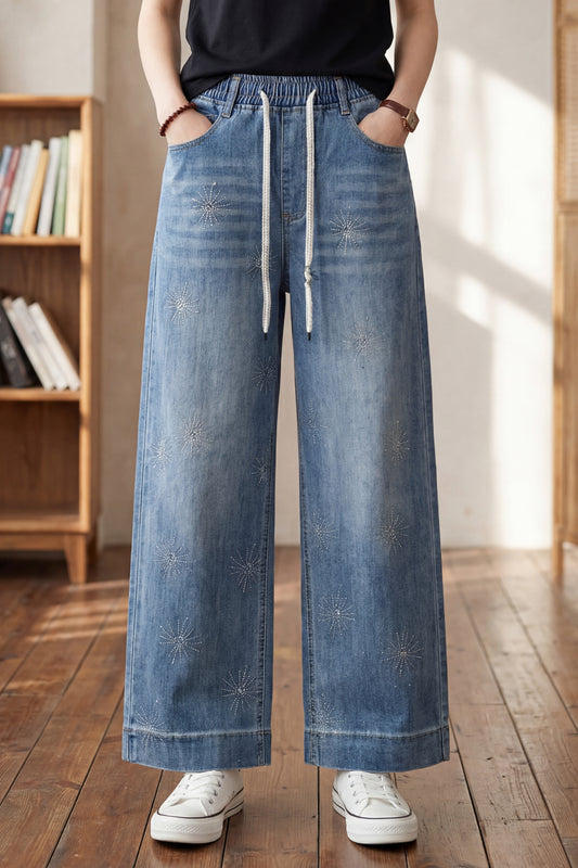 26-Women's Jeans Elastic Waist Baggy Wide Leg Denim