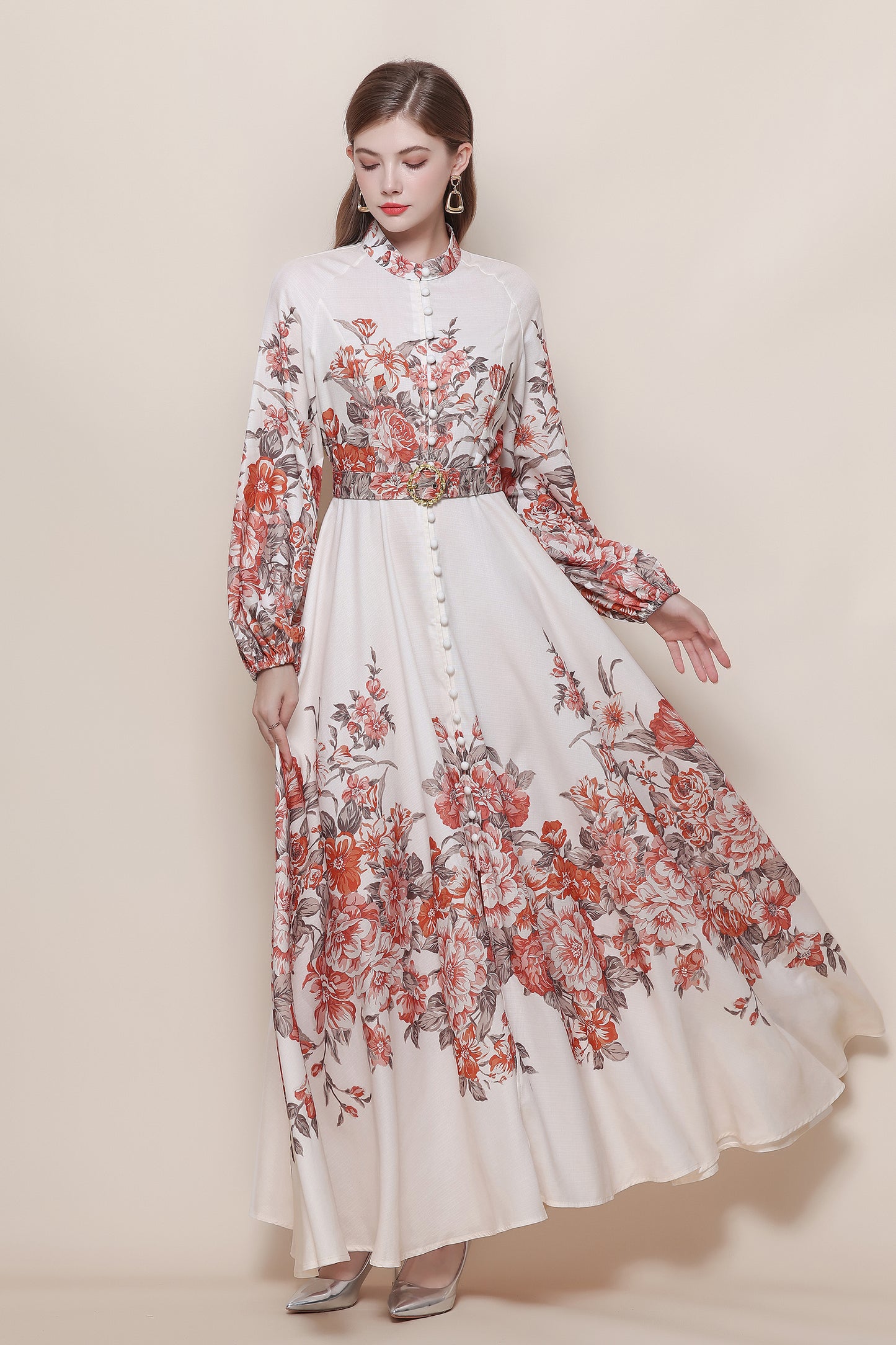 26-Women's Floral Print Puff Sleeve Button Maxi Dress - LAI MENG FIVE CATS