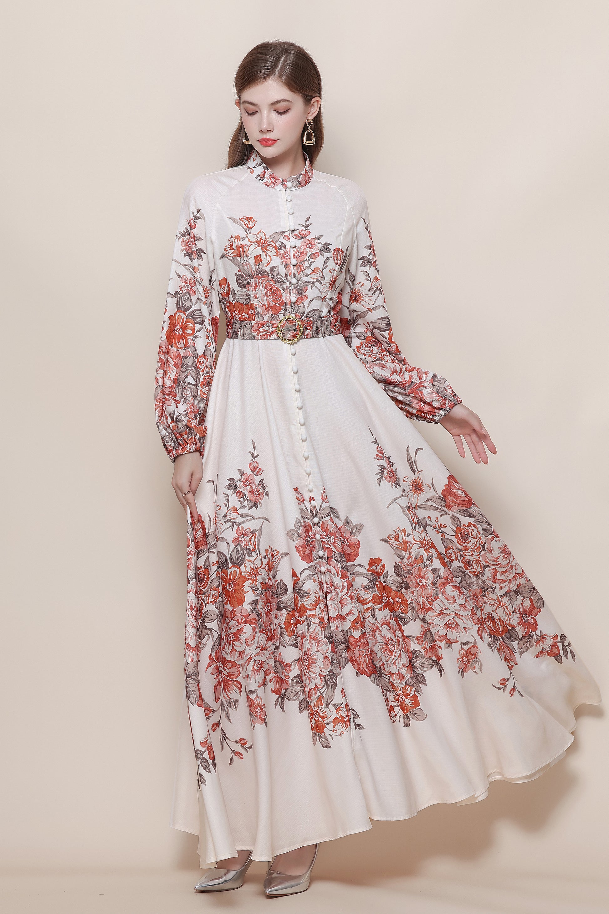 26-Women's Floral Print Puff Sleeve Button Maxi Dress - LAI MENG FIVE CATS
