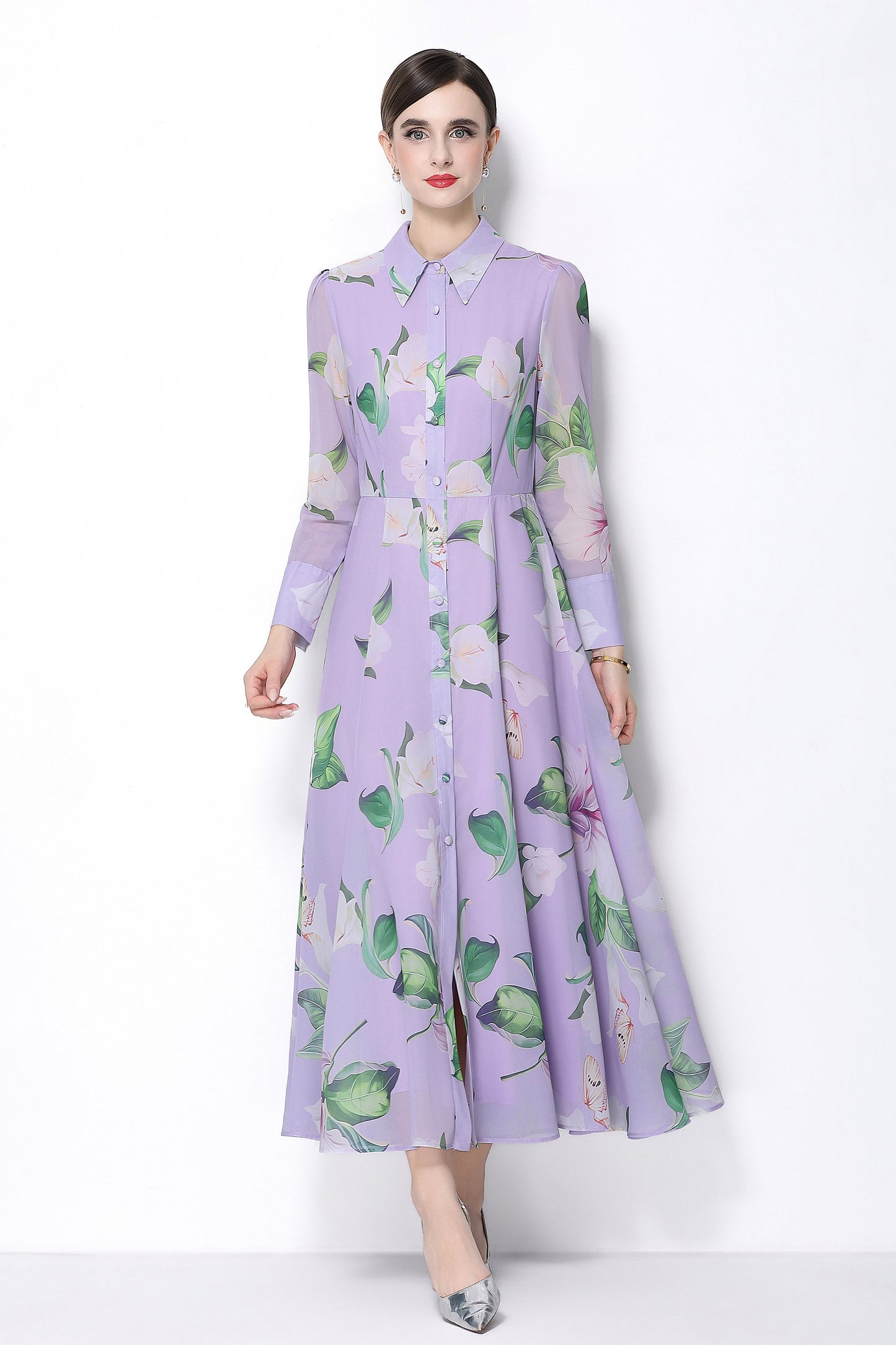 Women's Floral Print Button Up Split Maxi Dress