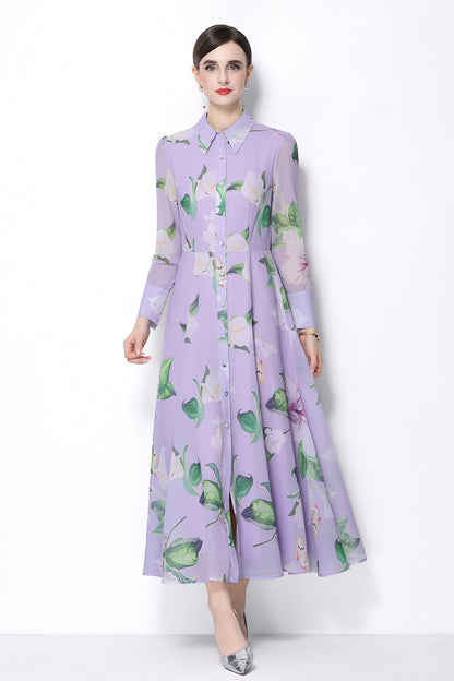 Women's Floral Print Button Up Split Maxi Dress