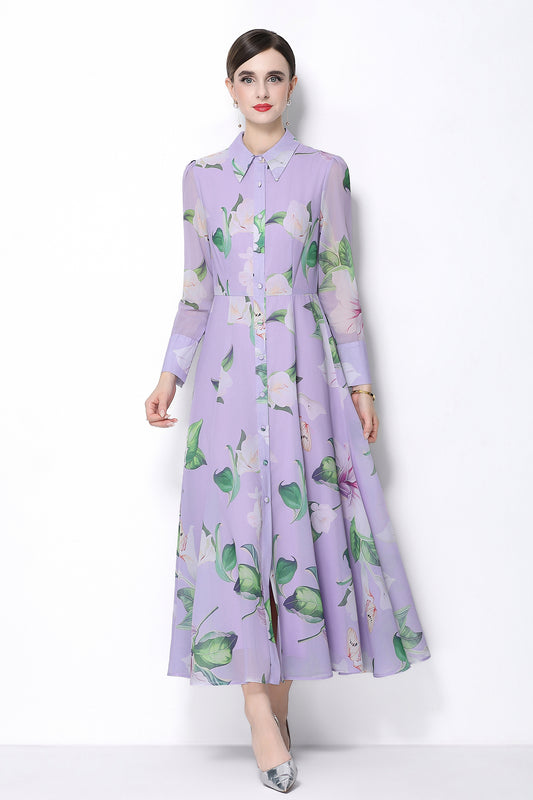 Women's Floral Print Button Up Split Maxi Dress