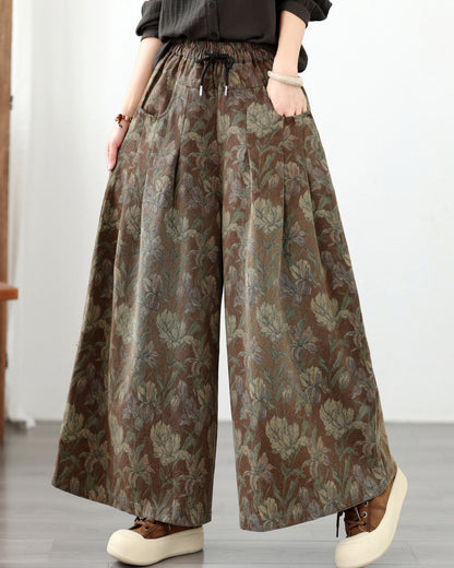 Women's Vintage Floral Print  Drawstring Wide Leg Jeans