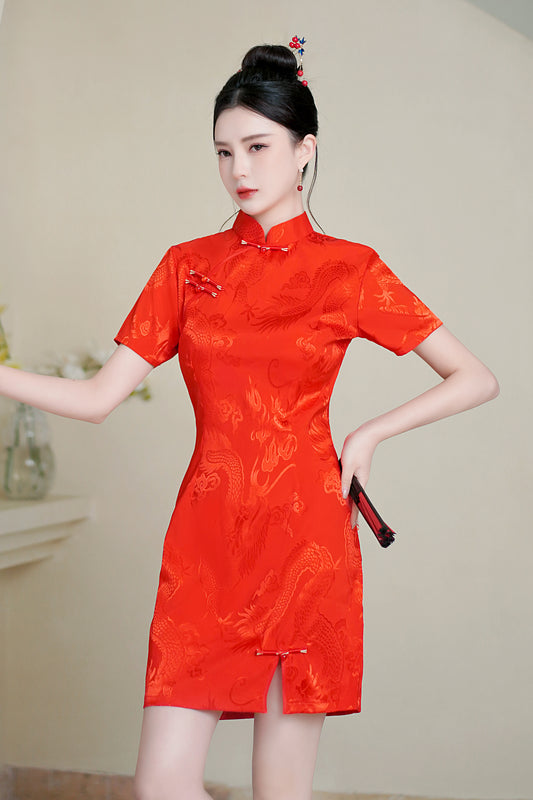 Women's Chinese Cheongsam Print Side Slit Mini Dress